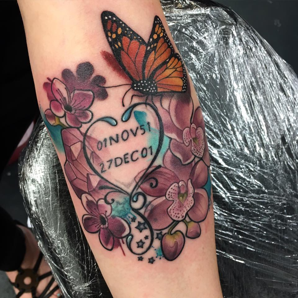 Memorial Date In Heart With Flowers And Butterfly Tattoo On Arm in sizing 960 X 960