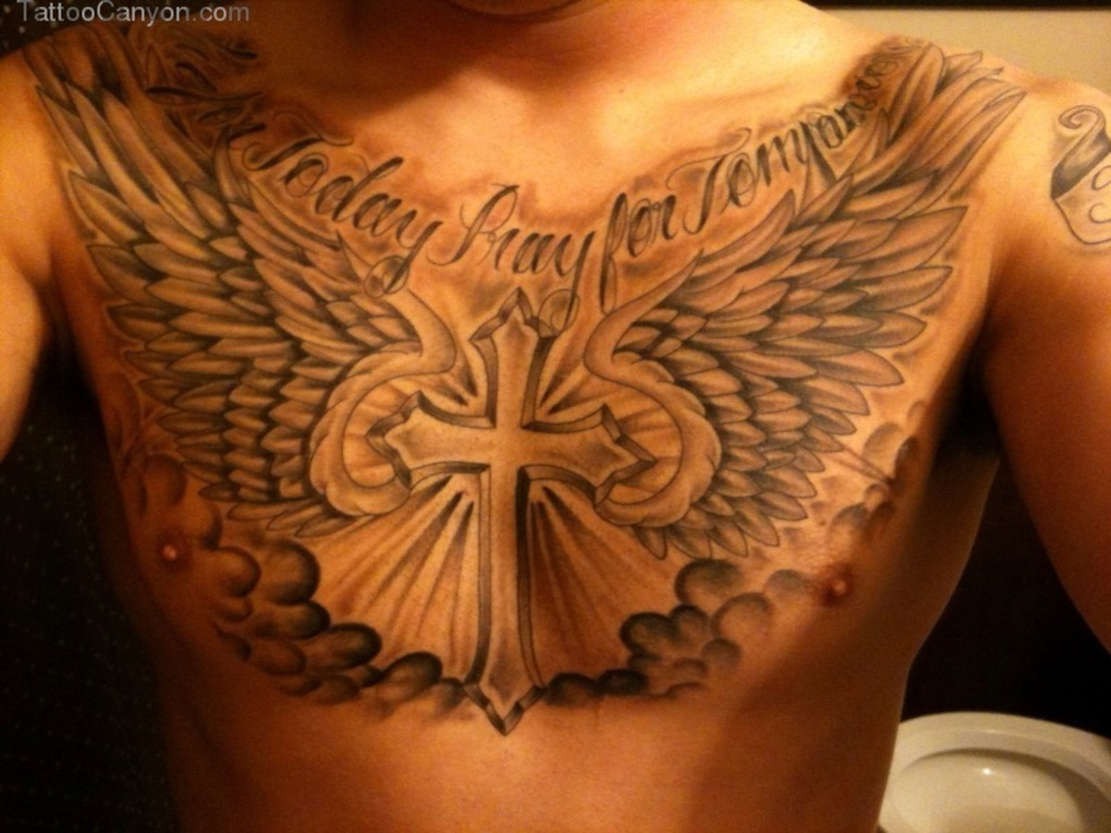 Memorial Wings And Cross Tattoo On Chest Tattoo Ideas for dimensions 1024 X 768
