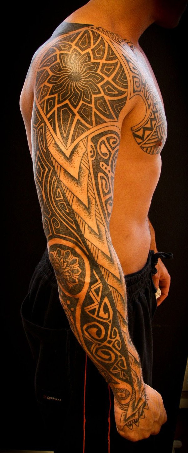 Men Chest And Sleeve Cover With Amazing Tribal Tattoo Golfian in size 600 X 1445