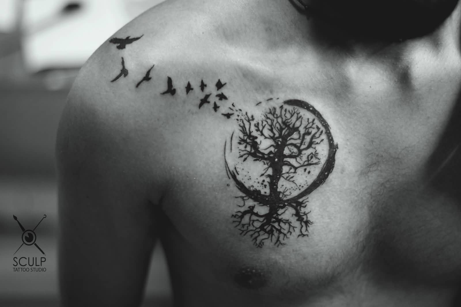 Men Chest Pagan Tree In Circle With Flying Birds Tattoo Golfian with regard to proportions 1600 X 1066