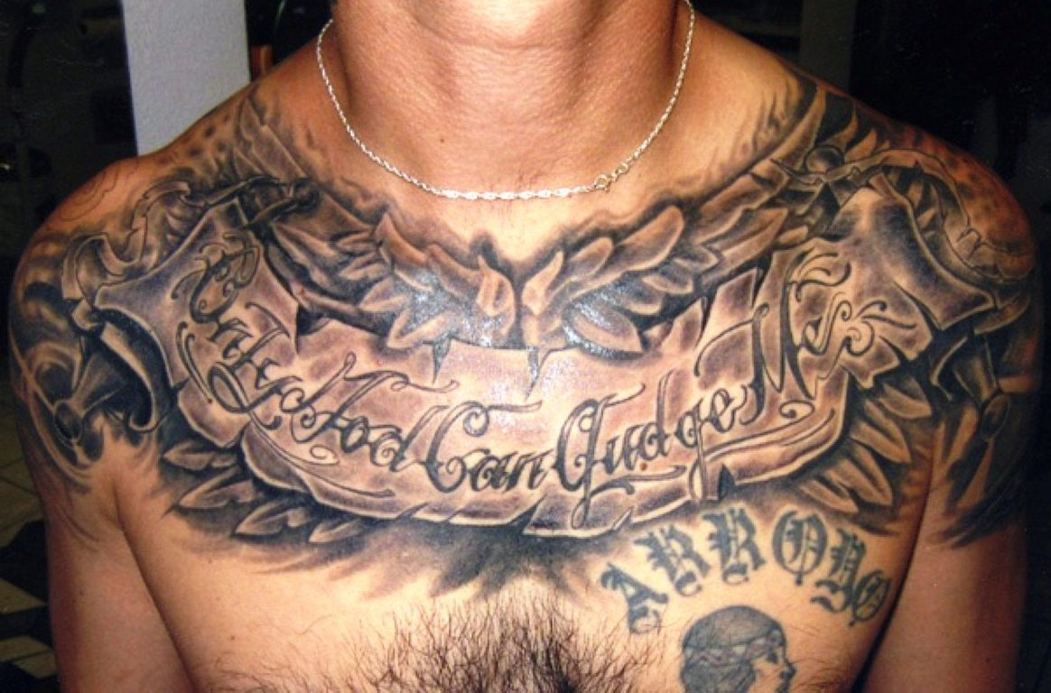 Mens Chest Tattoos Writing For Guys Designs On Funky Chest Tattoos intended for dimensions 1164 X 768
