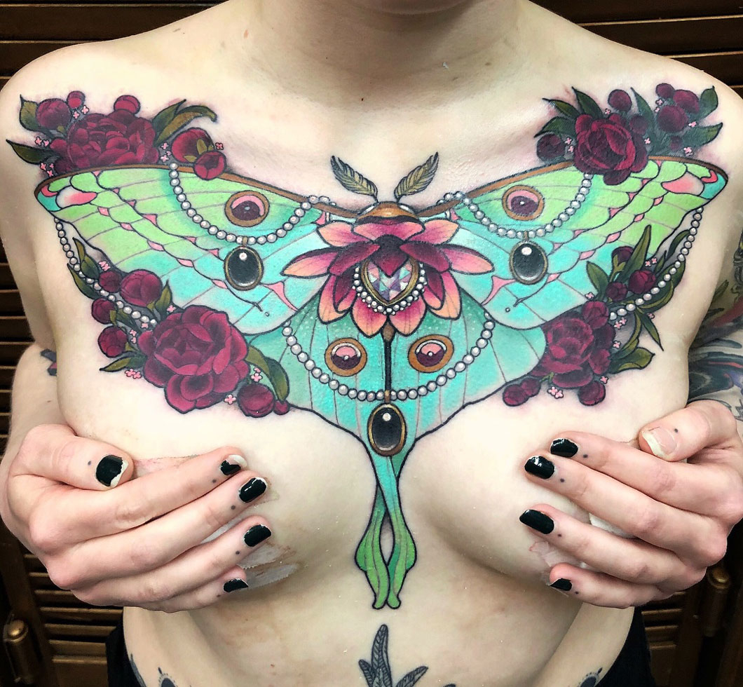 Moth Flowers Girls Chest Tattoo Best Tattoo Design Ideas for measurements 1060 X 980