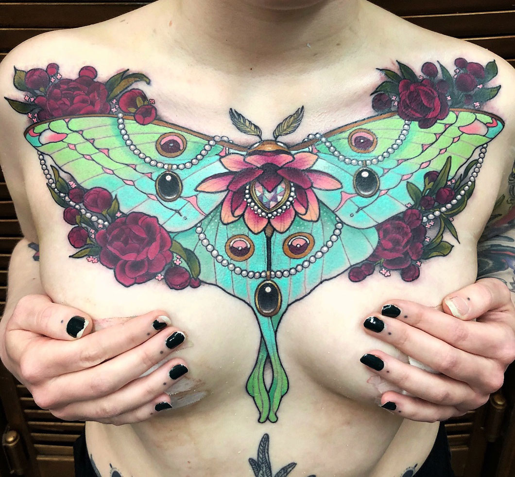 Moth Flowers Girls Chest Tattoo Best Tattoo Design Ideas inside proportions 1060 X 980