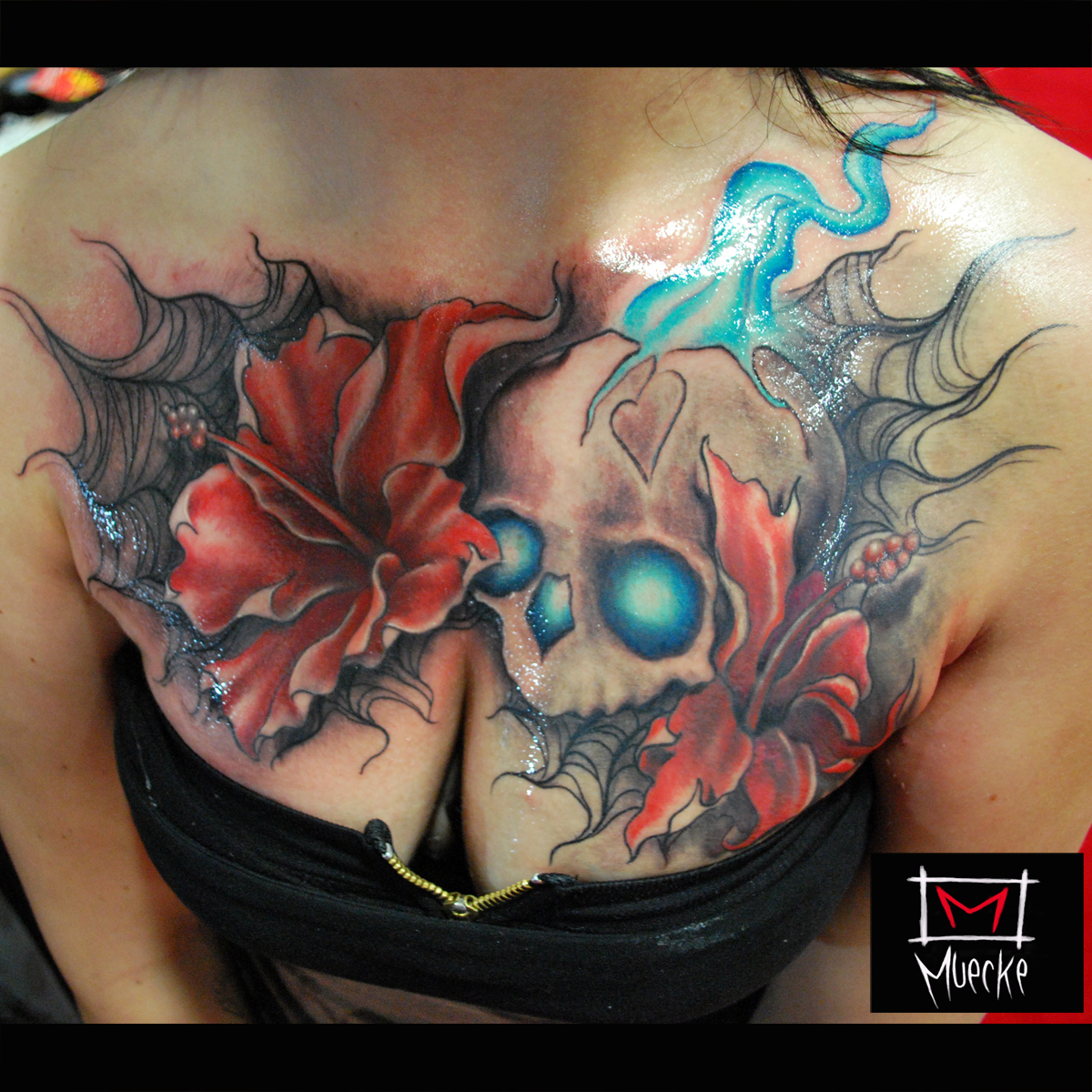 Muecke Chest Piece Tattoo Flowers Skull Glowing Skull Red Flowers intended for sizing 1200 X 1200