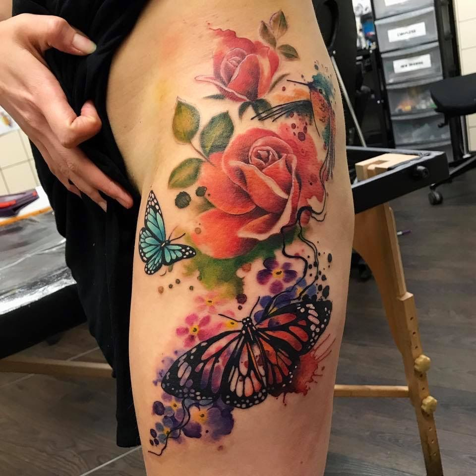 My Hip Tattoo With Roses Butterflies Watercolour Humming Bird with measurements 960 X 960