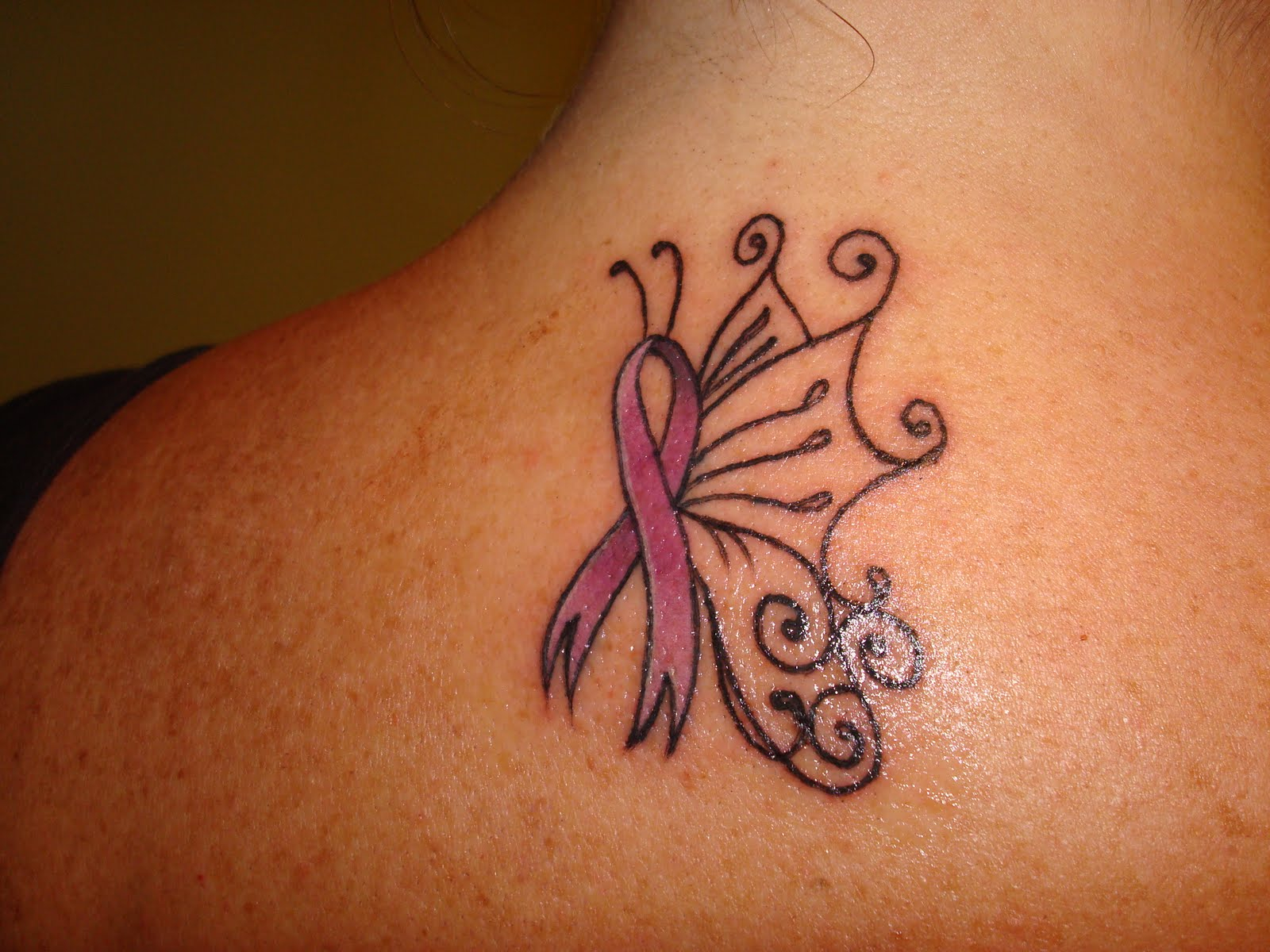Nape Cancer Ribbon Butterfly Tattoo in size 1600 X 1200