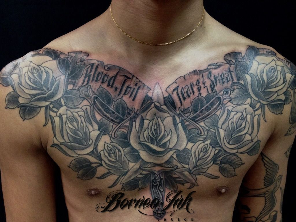 Neo Traditional Dagger Script Black And Grey Roses Chest Piece throughout sizing 1024 X 768