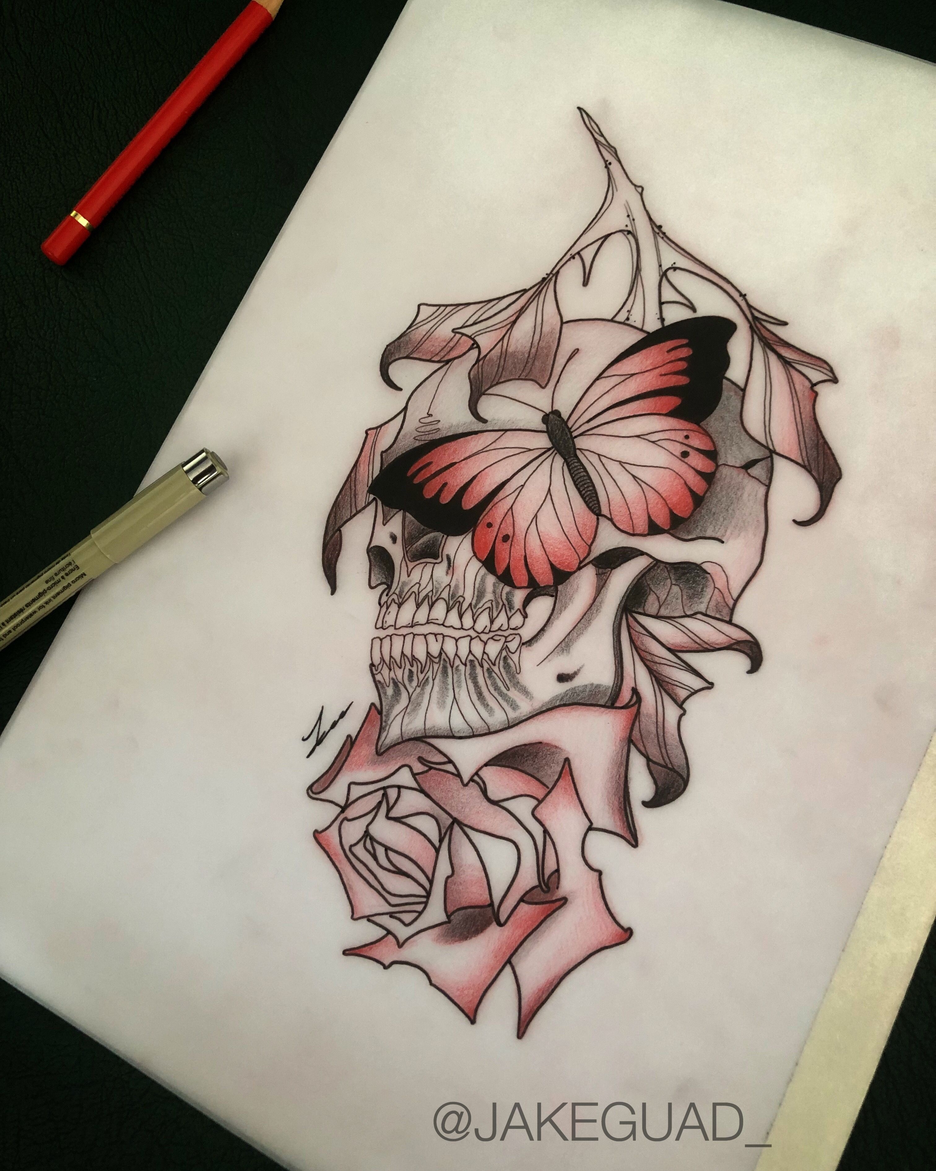 Neo Traditional Skull Rose Butterfly Tattoo Design Jake Guad with measurements 3024 X 3780