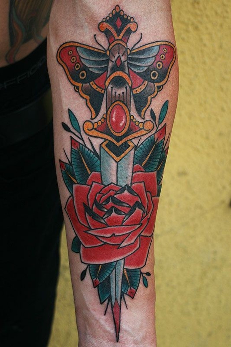 Old School Red Rose With Dagger Butterfly Wings Forearm Tattoo inside measurements 800 X 1201