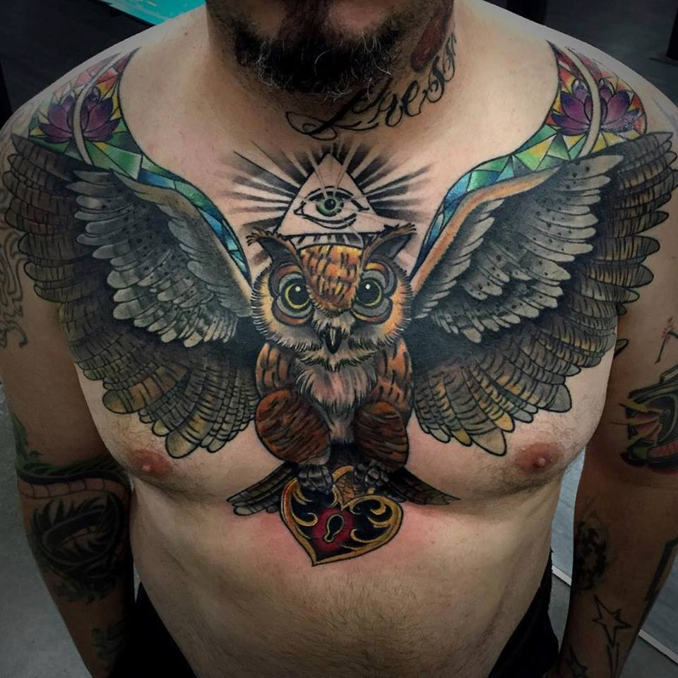 Open Wings Owl Tattoo On Man Chest regarding measurements 960 X 960