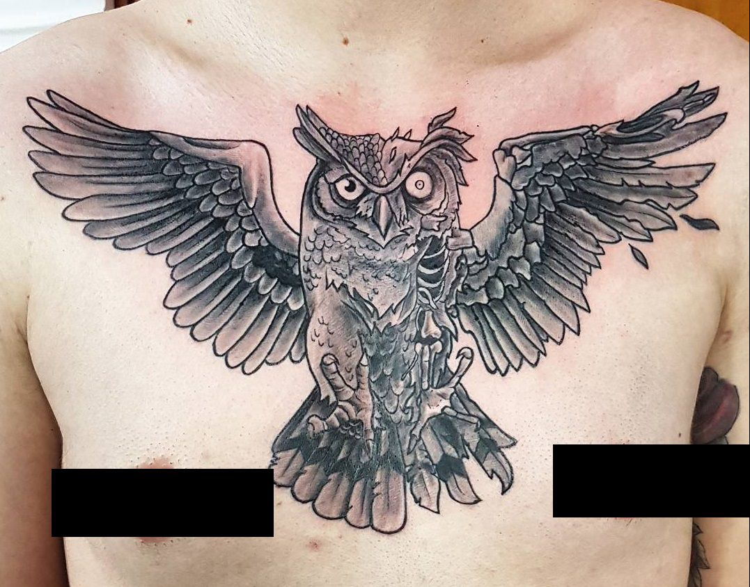 Owl Chest Tattoo Done Manjane At Belgradeserbia Tattoos throughout proportions 1077 X 844