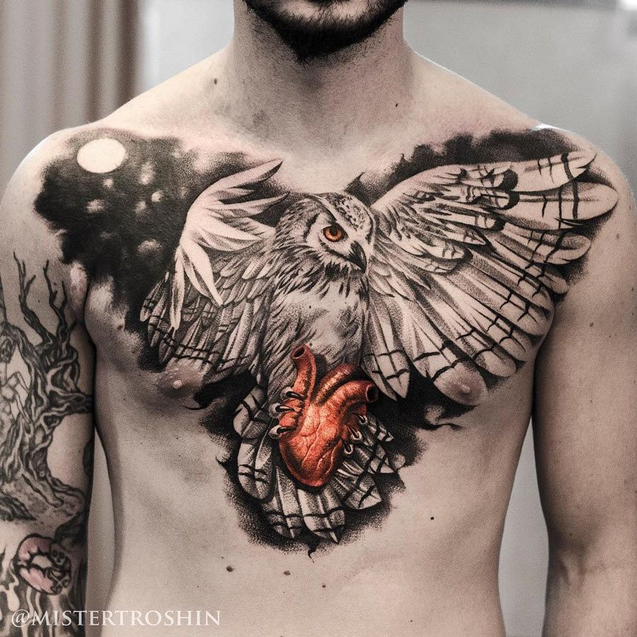 Owl Heart Chest Piece Tattoos Chest Piece Tattoos Realistic intended for size 900 X 900