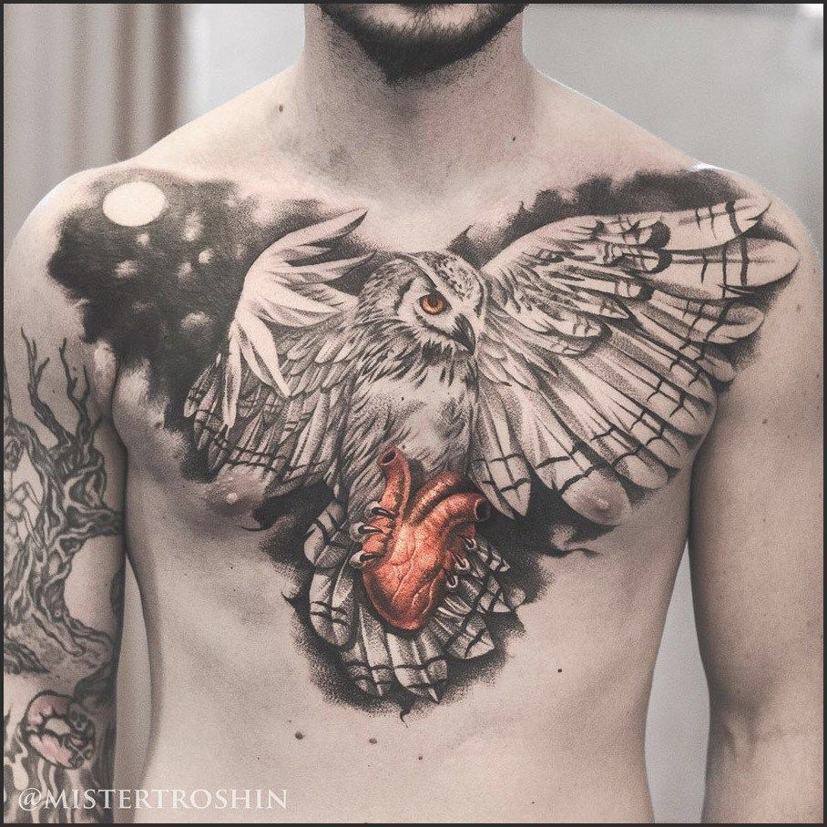 Owl Holding Heart Chest Tattoo Best Tattoo Design Ideas Heart within size 908 X 908