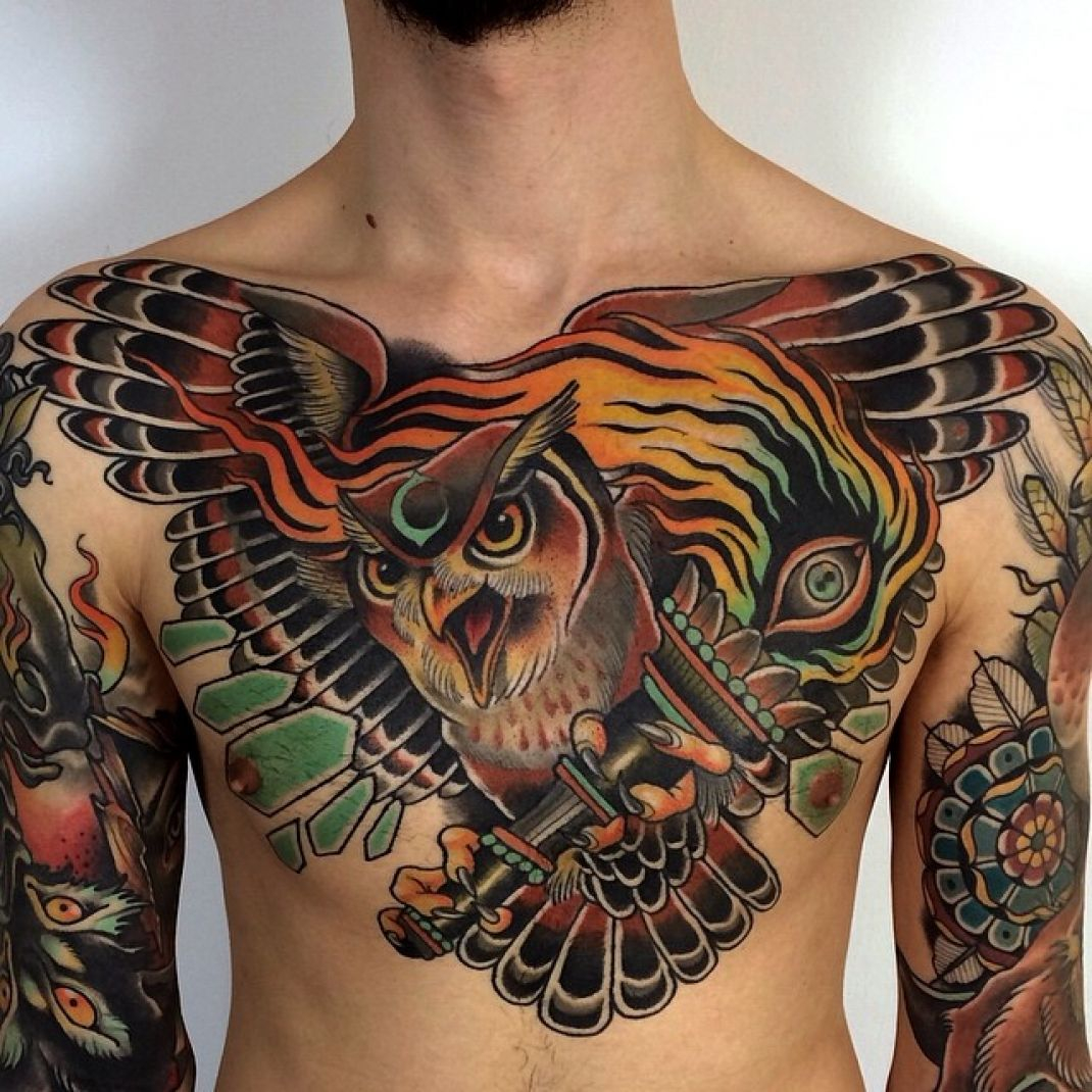 Owl Traditional Chest Piece Tattoo Traditional Tattoos Owl with regard to sizing 1070 X 1070