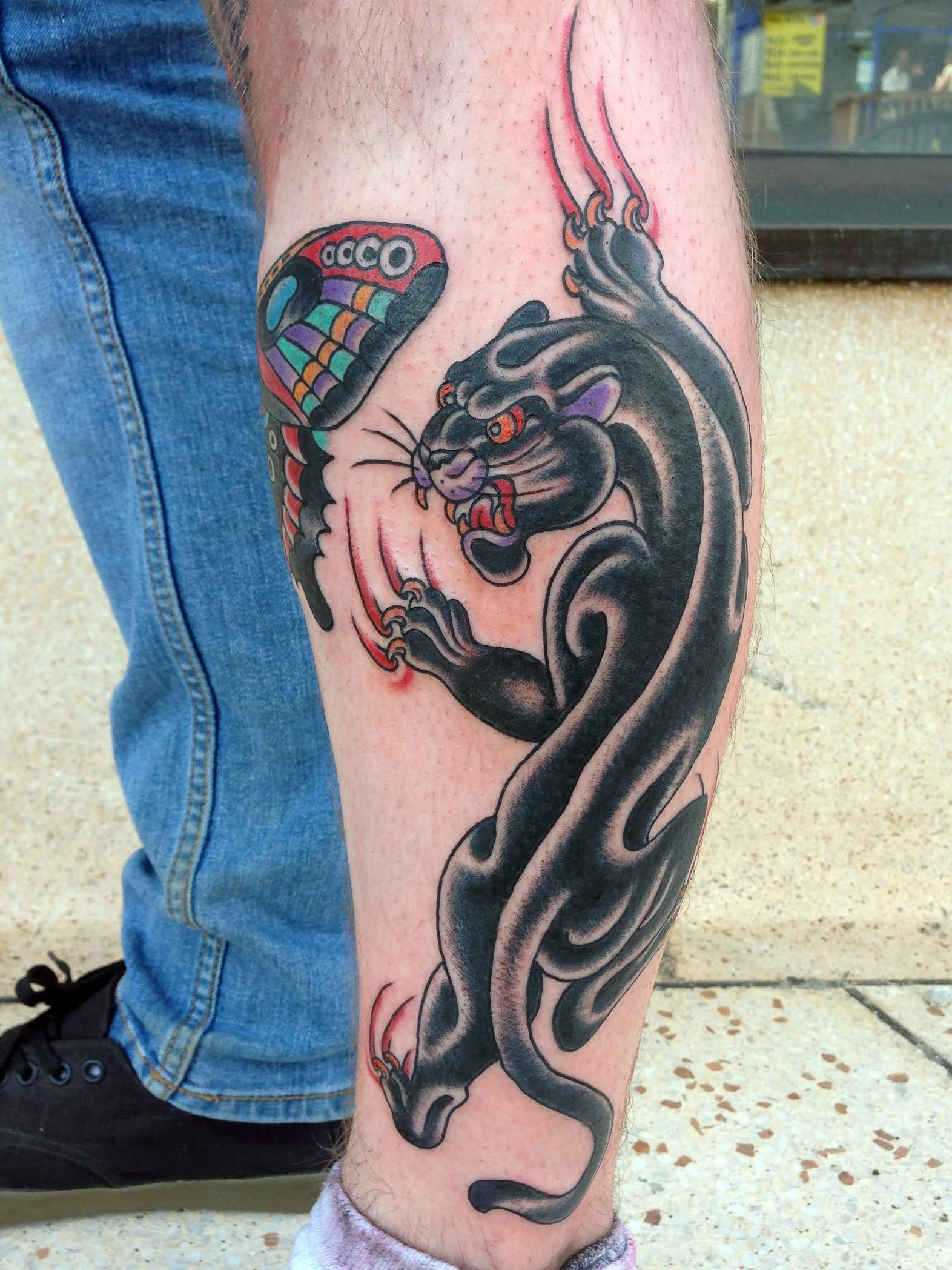 Panther With Butterfly Tattoo On Left Leg with proportions 1572 X 2096