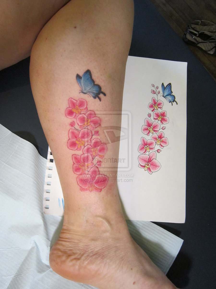 Pink Orchid With Butterfly Tattoo On Leg Tattooshunt throughout proportions 900 X 1200