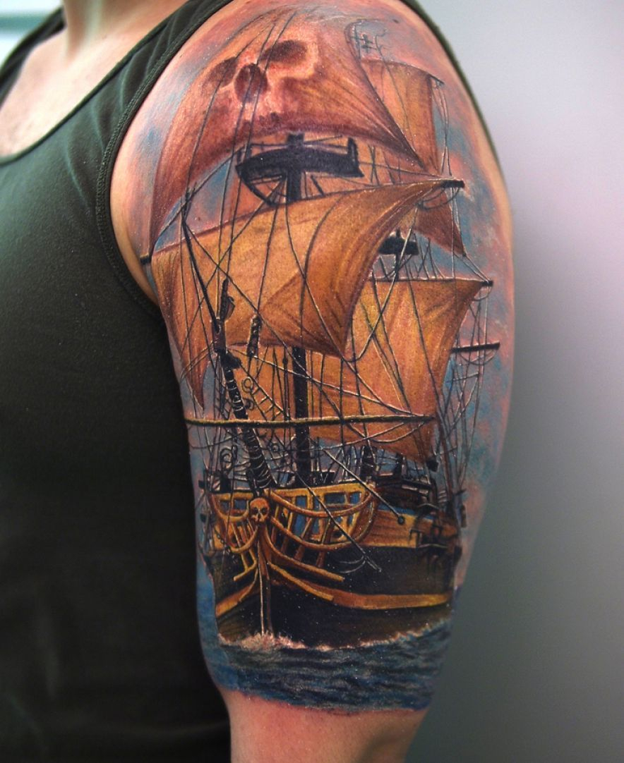 Pirate Tattoos Awesome 3d Pirate Ship Tattoo On Left Half Sleeve pertaining to size 884 X 1082