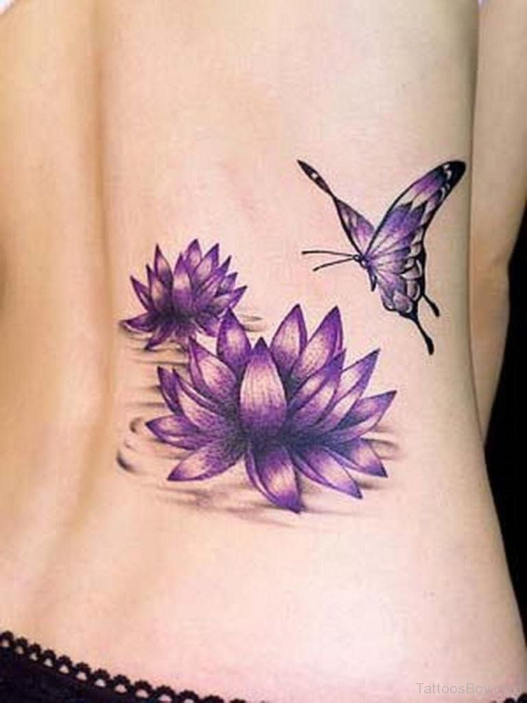 Purple Butterfly And Lotus Flowers Tattoo On Lower Back for measurements 768 X 1024