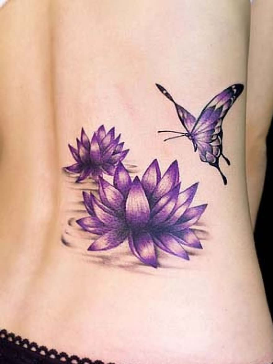 Purple Ink Lotus Flowers With Butterfly Tattoo On Lower Back in dimensions 880 X 1175