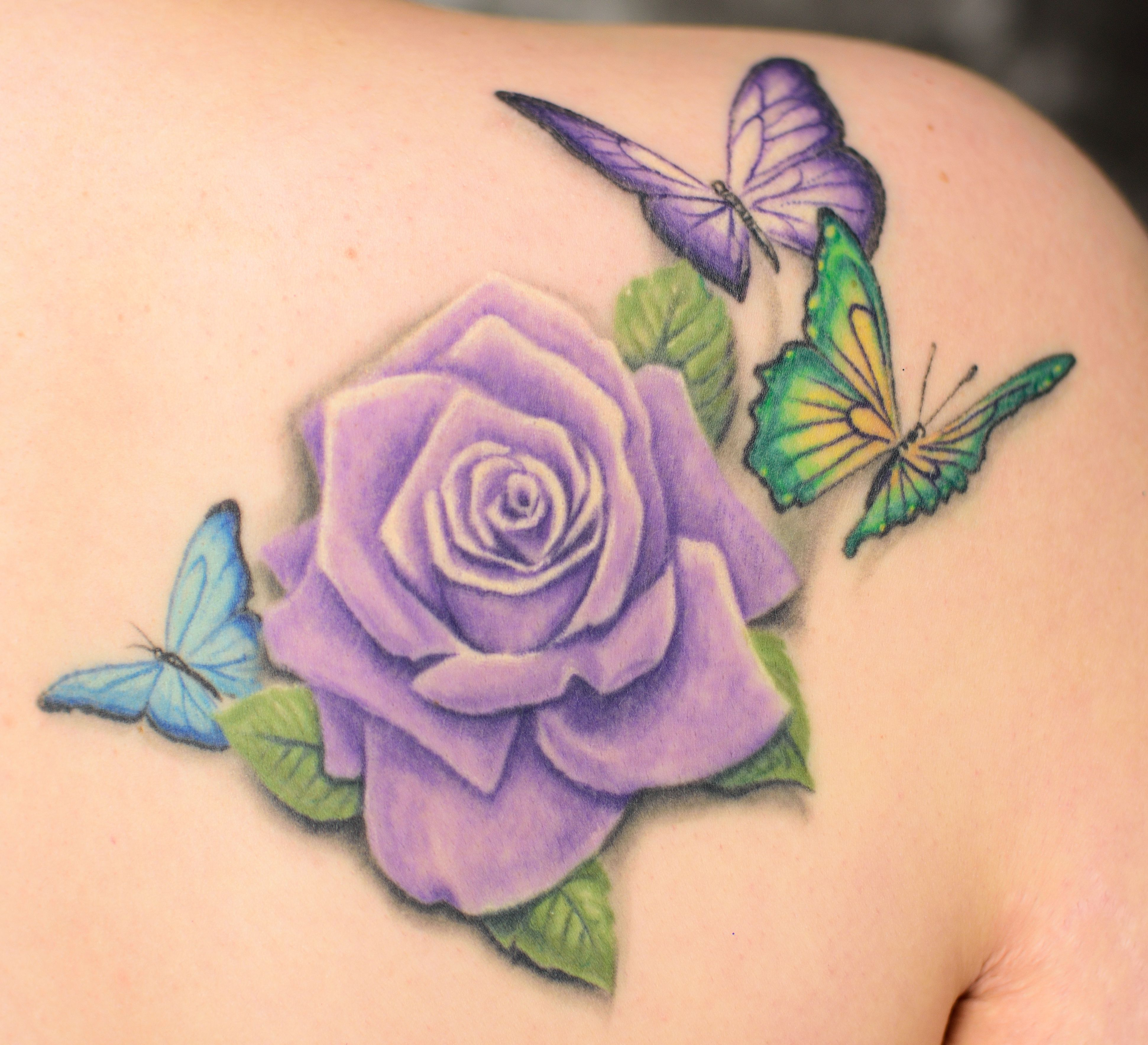 Purple Rose Tattoo With Butterflies For My Daughter Her Birth intended for proportions 3883 X 3534