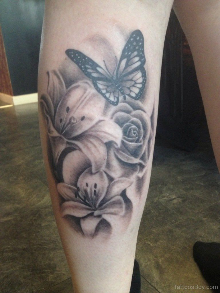 Realistic Butterfly And Flowers Tattoo On Back Leg Tats Flower in dimensions 768 X 1024