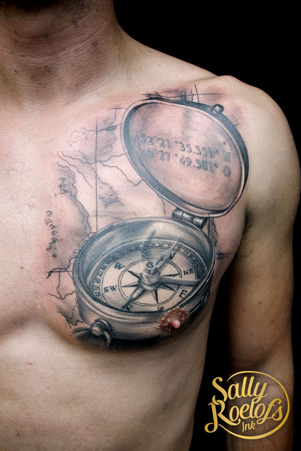 Realistic Compass Map Chest Tattoo Tattoos Tattoos Chest Tattoo with regard to sizing 1000 X 1500