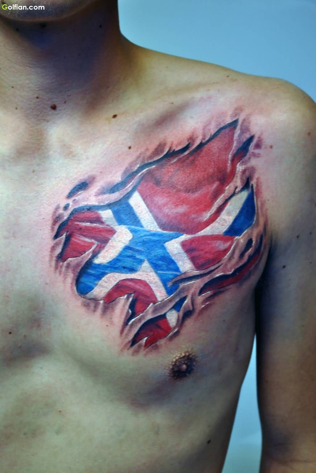 Realistic Torn Skin And Army Flag Tattoo Design On Chest Golfian in sizing 1024 X 1530