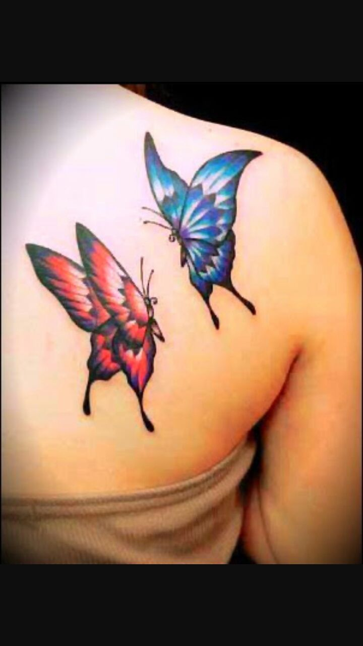 Red And Blue Two Flying Butterflies Tattoo On Girl Back Shoulder with regard to dimensions 720 X 1280