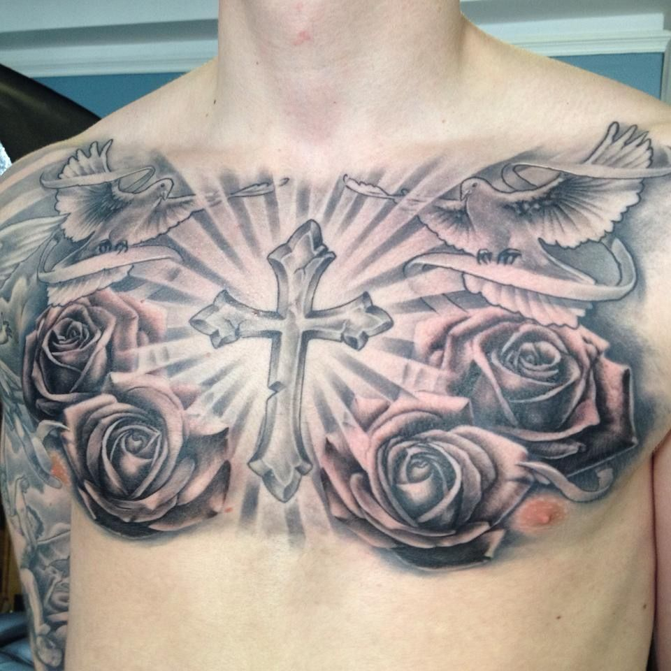 Religious Tattoo Chest Piece Black And Grey Roses And Doves O intended for proportions 960 X 960
