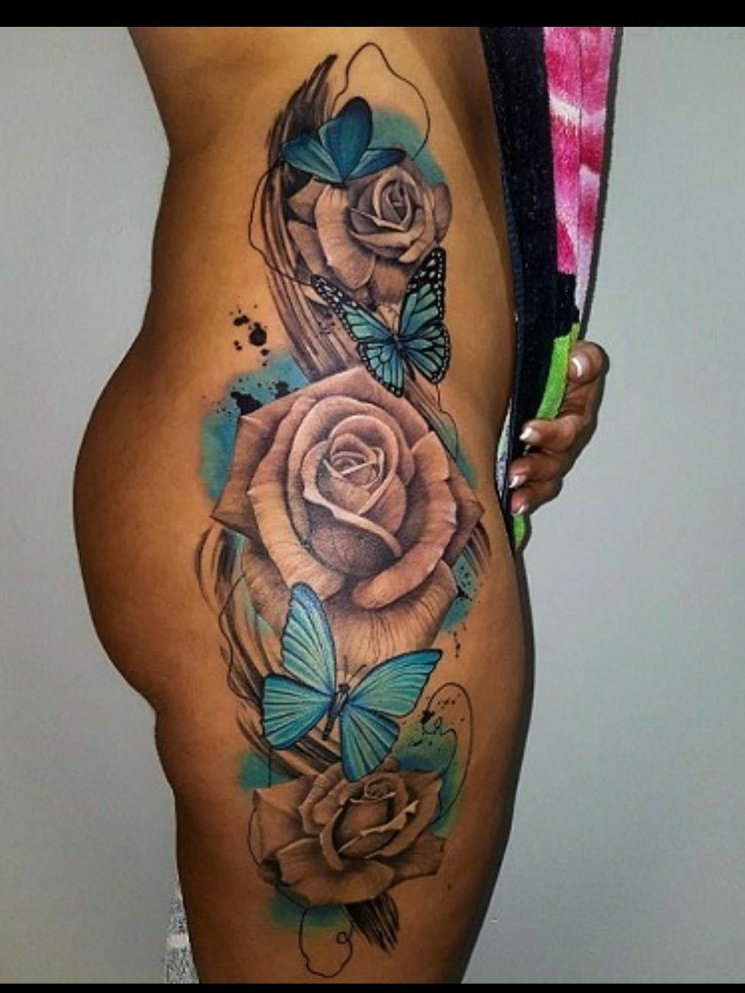 Roses And Butterflies Thigh Tattoo Tat Butterfly Thigh Tattoo regarding proportions 1054 X 1405