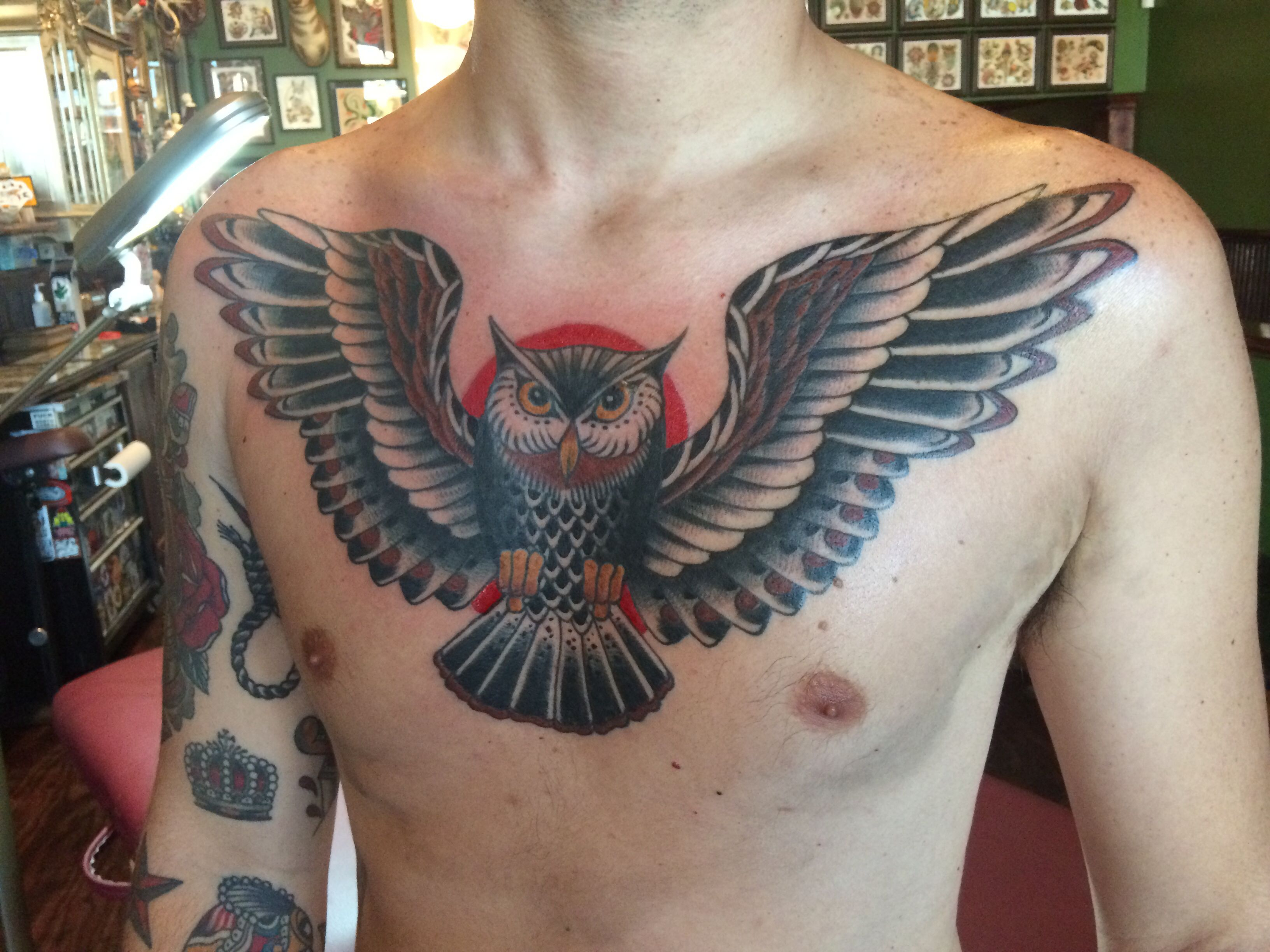Ryan Cooper Thompson American Traditional Owl Chest Tattoo Owls intended for measurements 3264 X 2448