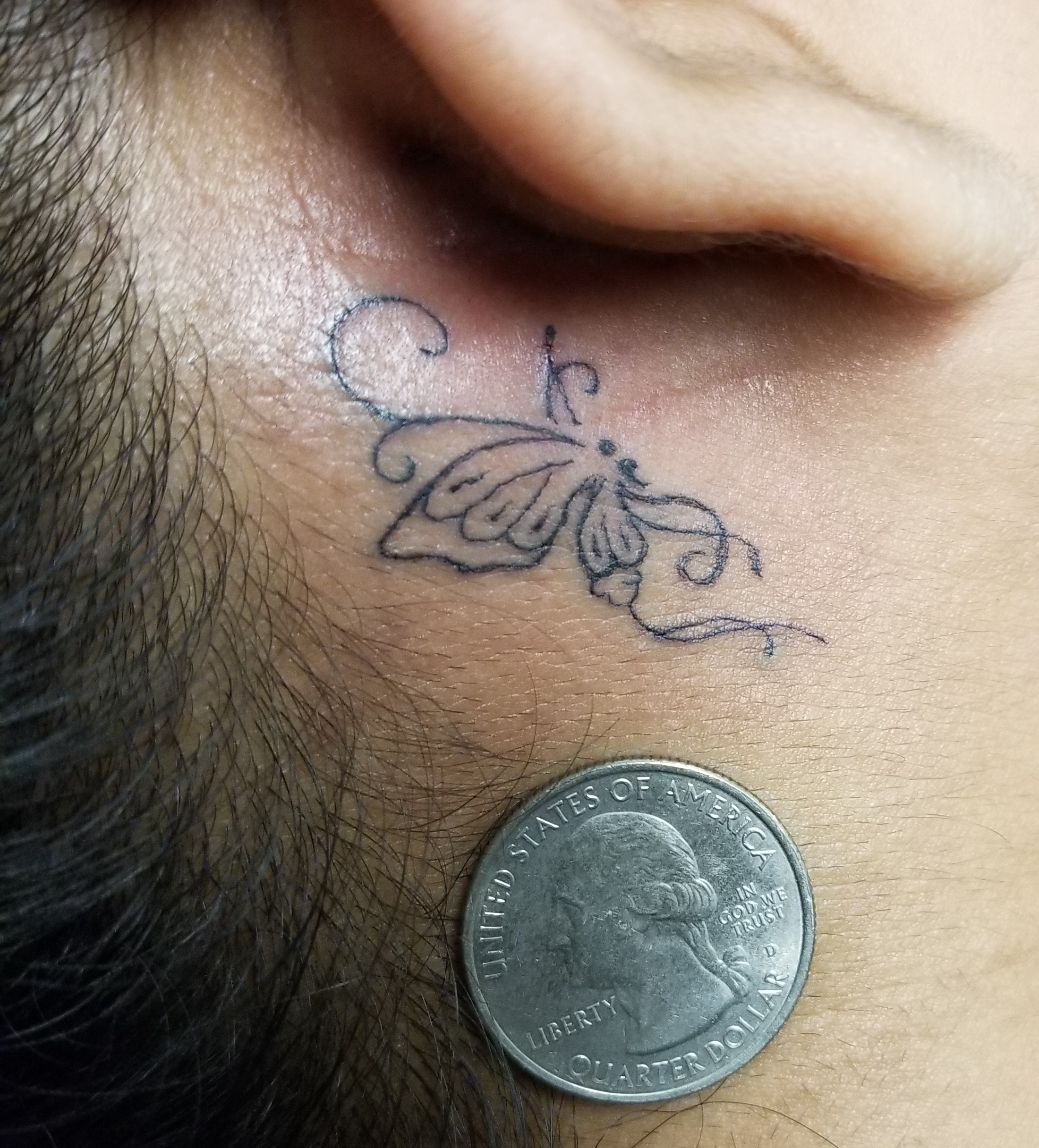 Semi Colon Butterfly Behind Ear Neck Deep Tattoo for measurements 2200 X 2432