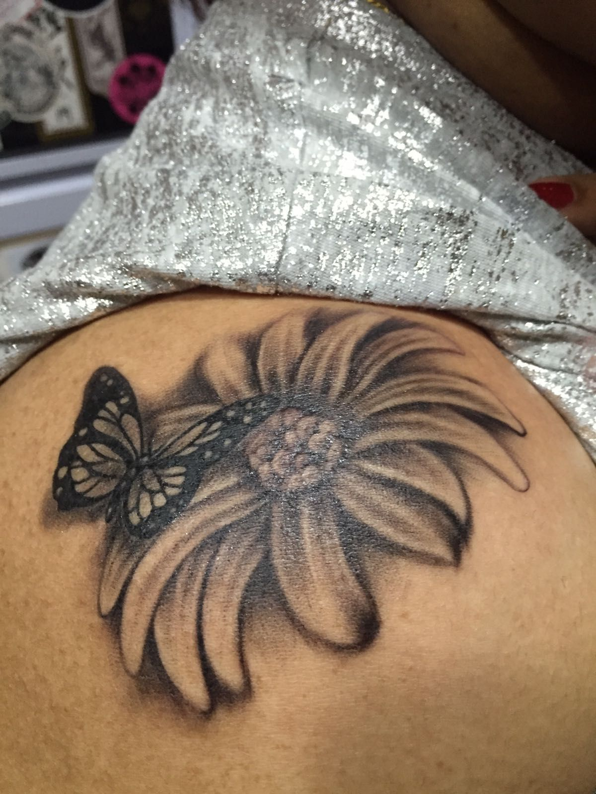 Semi Realistic Common Daisy With Monarch Butterfly Tattooblack And throughout size 1200 X 1600