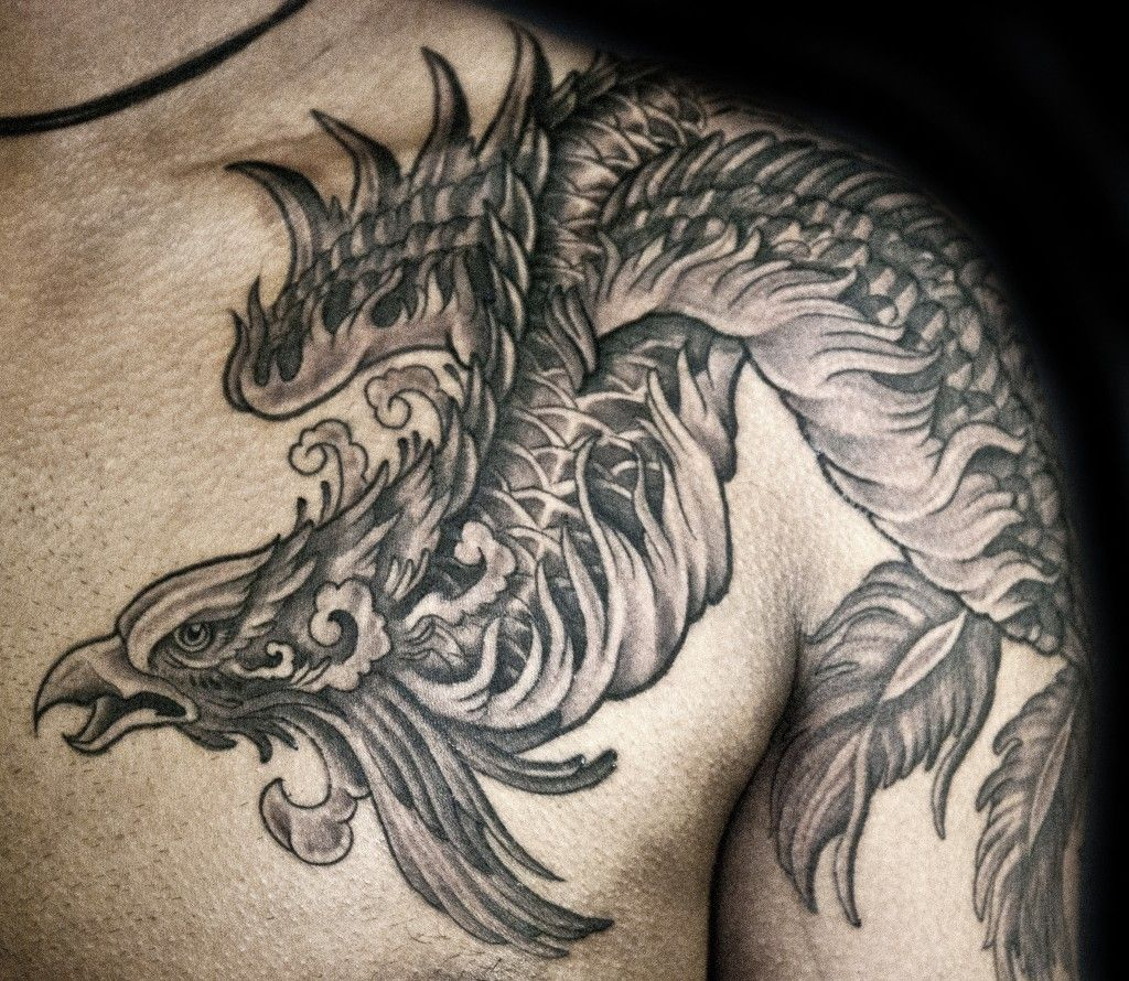 Shoulder To Chest Black And Grey Phoenix Tattoo Phoenix Tattoo with regard to proportions 1024 X 890
