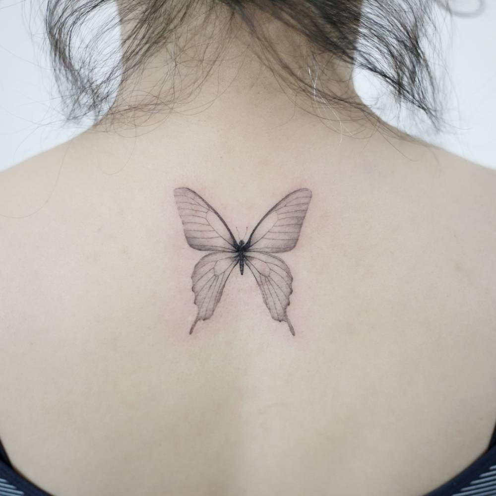 Single Needle Butterfly Tattoos On The Upper Back Animal Tattoos inside proportions 1000 X 1000