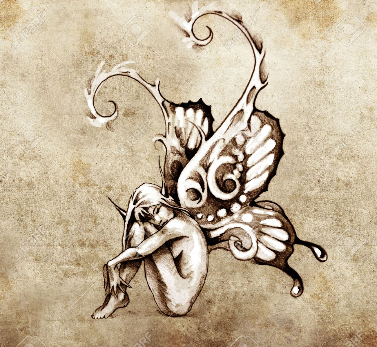 Sketch Of Tattoo Art Fairy With Butterfly Wings Stock Photo pertaining to dimensions 1300 X 1196
