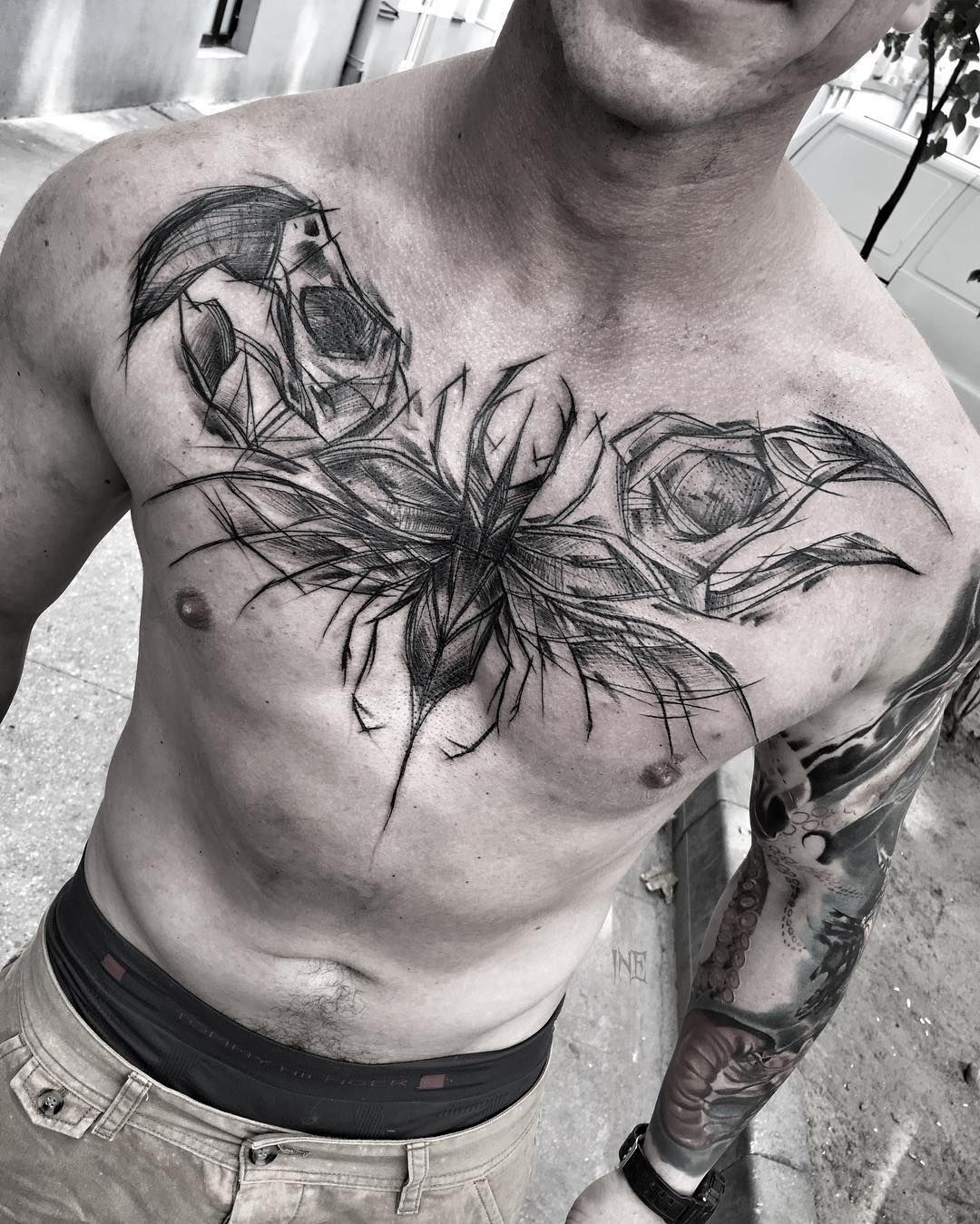 Sketch Style Chest Piece Tattoos On Men Sketch Style Tattoos with regard to size 1080 X 1349