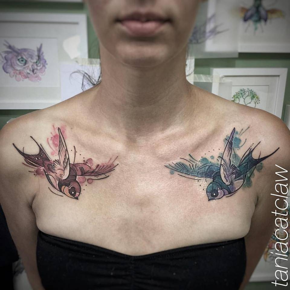 Sketchy Style Matching Swallow Tattoos On The Chest in size 960 X 960