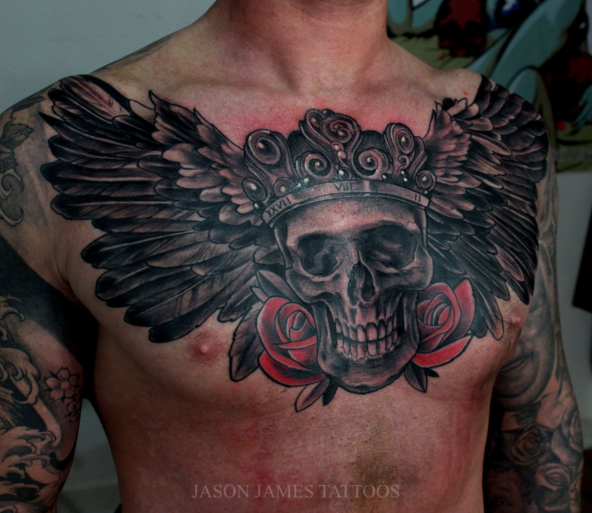 Skull Wings And Roses Tattoo Jason James Badass Sleeve Ideas inside size 2048 X 1775