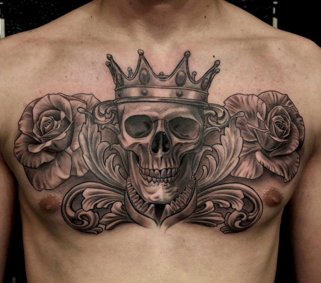 Skull With Crown Tattoo Roses Tattoo Chest Piece Chest Tattoo inside proportions 1080 X 950