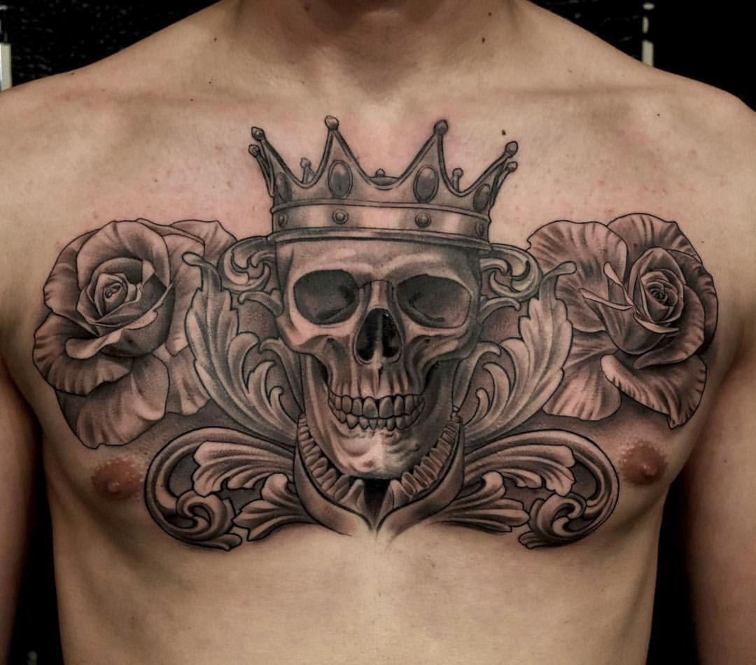 Skull With Crown Tattoo Roses Tattoo Chest Piece Chest Tattoo intended for measurements 1080 X 950