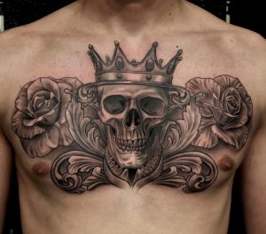 Skull With Crown Tattoo Roses Tattoo Chest Piece Chest Tattoo regarding measurements 1080 X 950