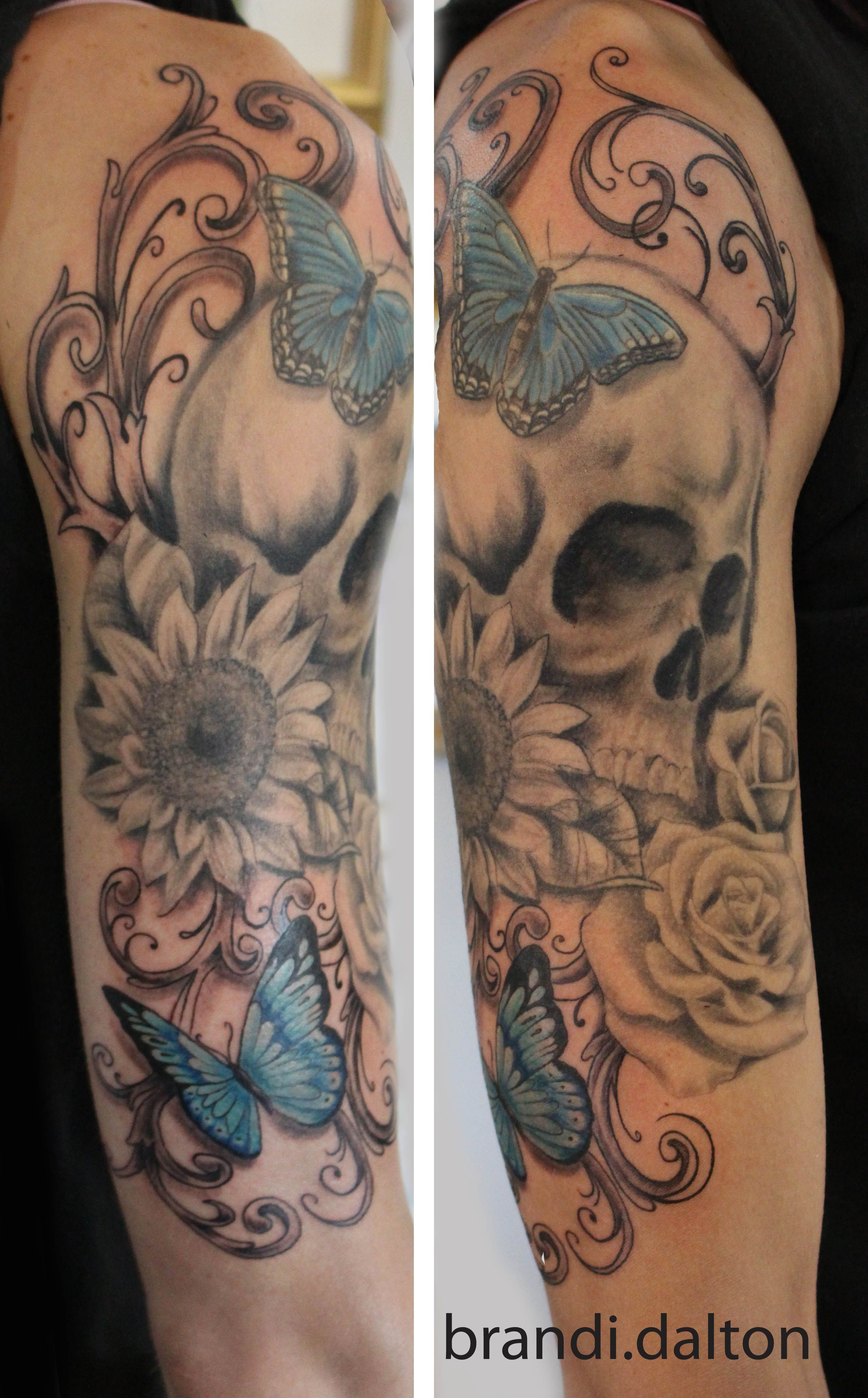 Sleeve Tattoo Skull Flowers And Butterflies Brandis Art And for sizing 2844 X 4578