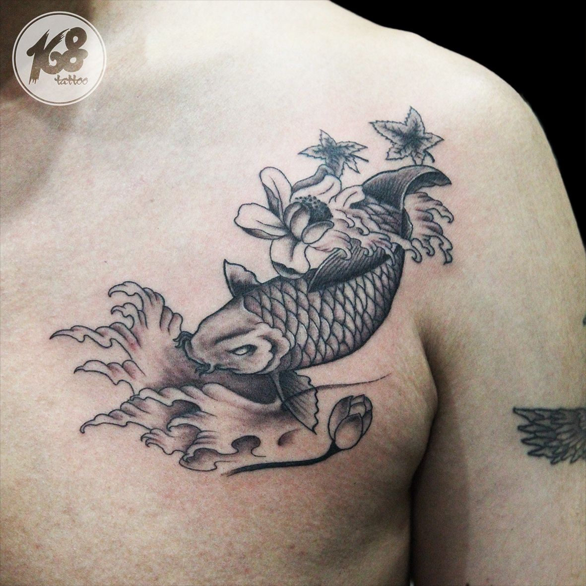 Small Koi Fish Black And Grey Tattoo On Chest My Tattoo Artwork regarding dimensions 1181 X 1181