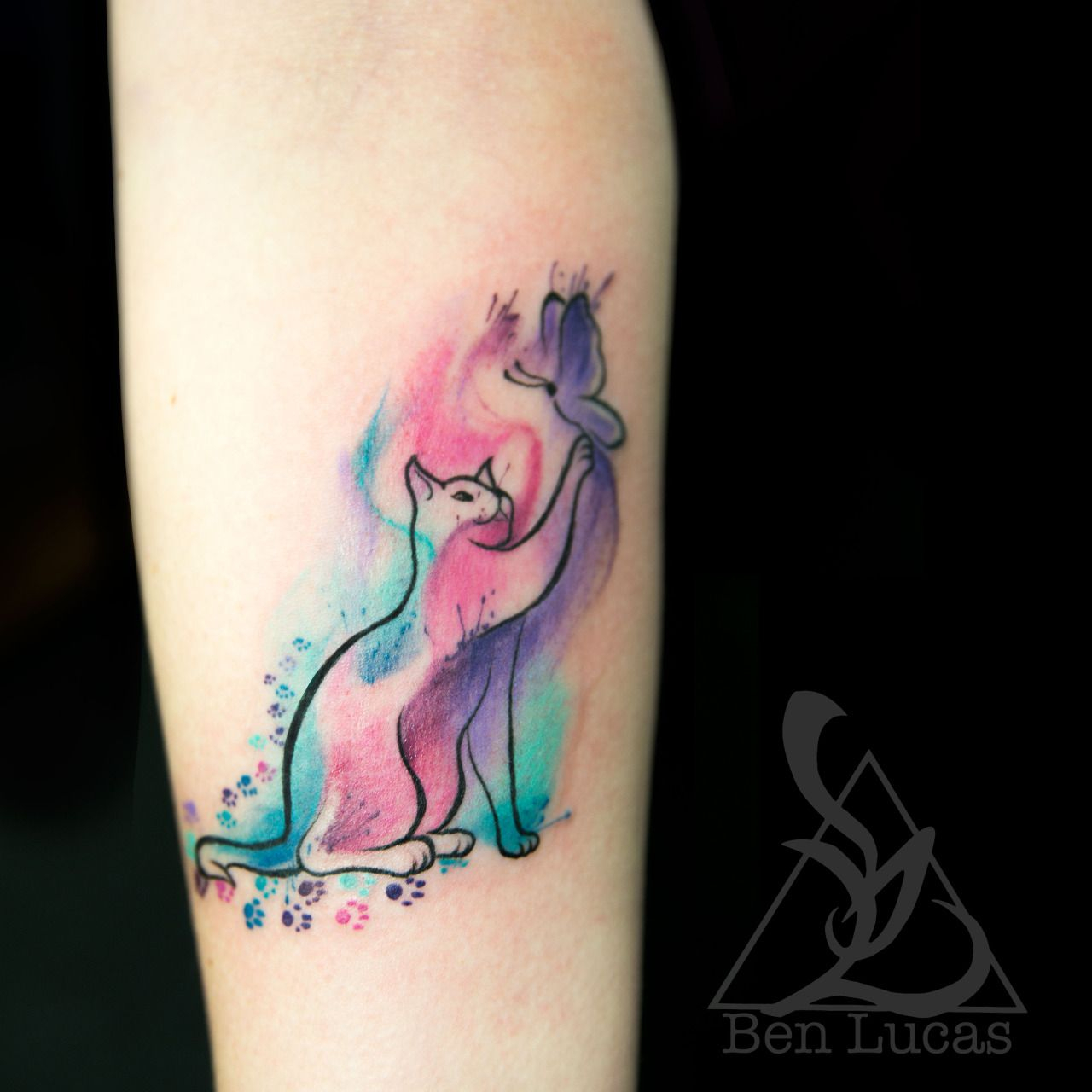 Small Water Color Cat And Butterfly Wrist Tattoo With Splashes Of for measurements 1280 X 1280