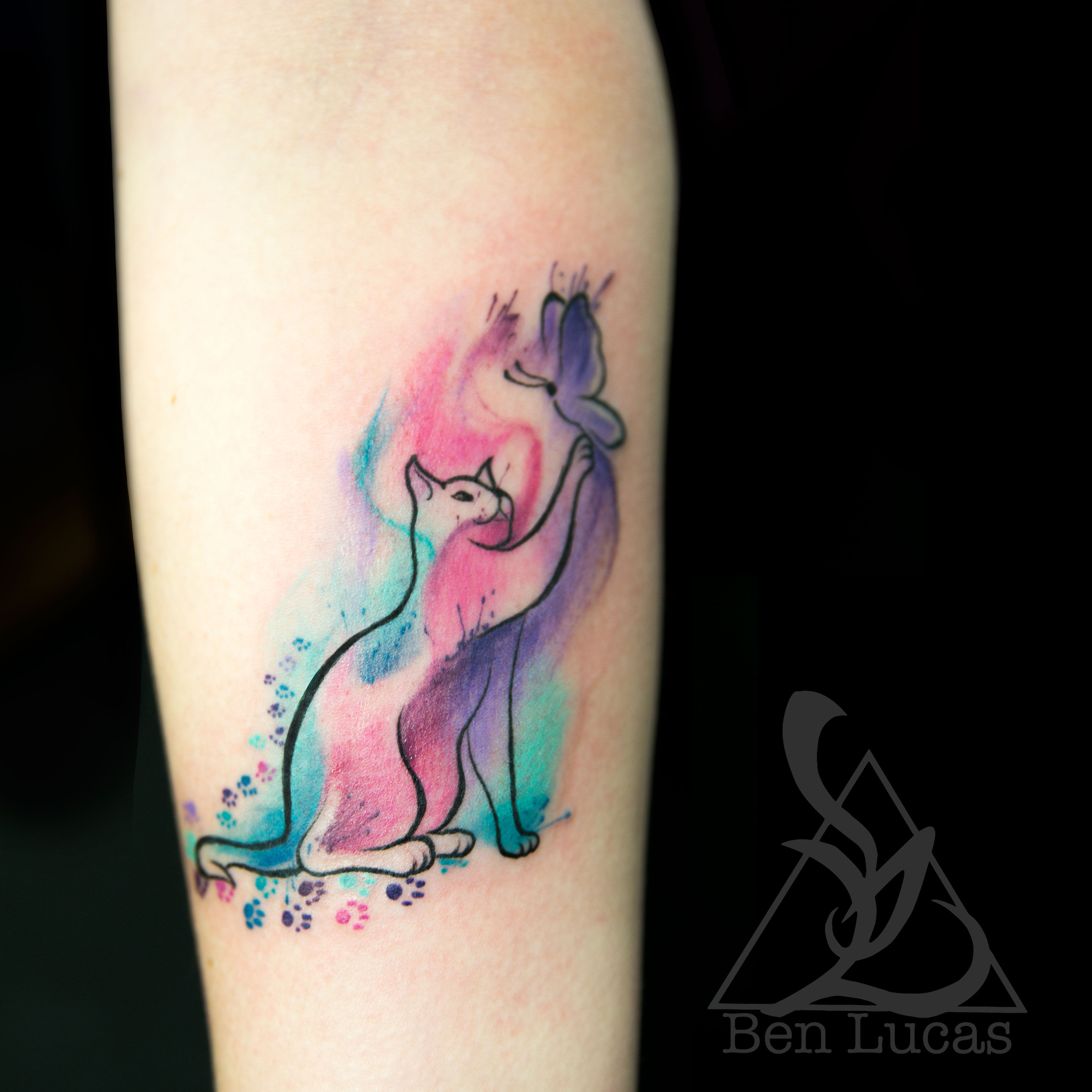 Small Water Color Cat And Butterfly Wrist Tattoo With Splashes Of with regard to measurements 3365 X 3365
