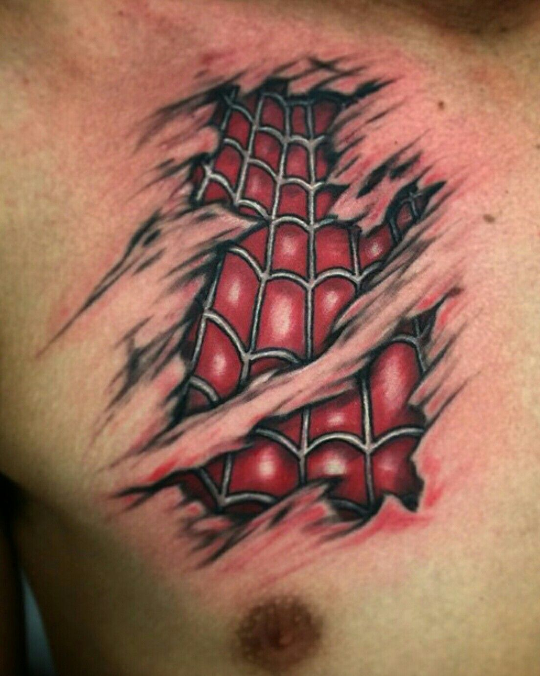 Spider Man Tearing Skin Chest Tattoo Josh Montiel At Valkyries throughout proportions 1104 X 1383