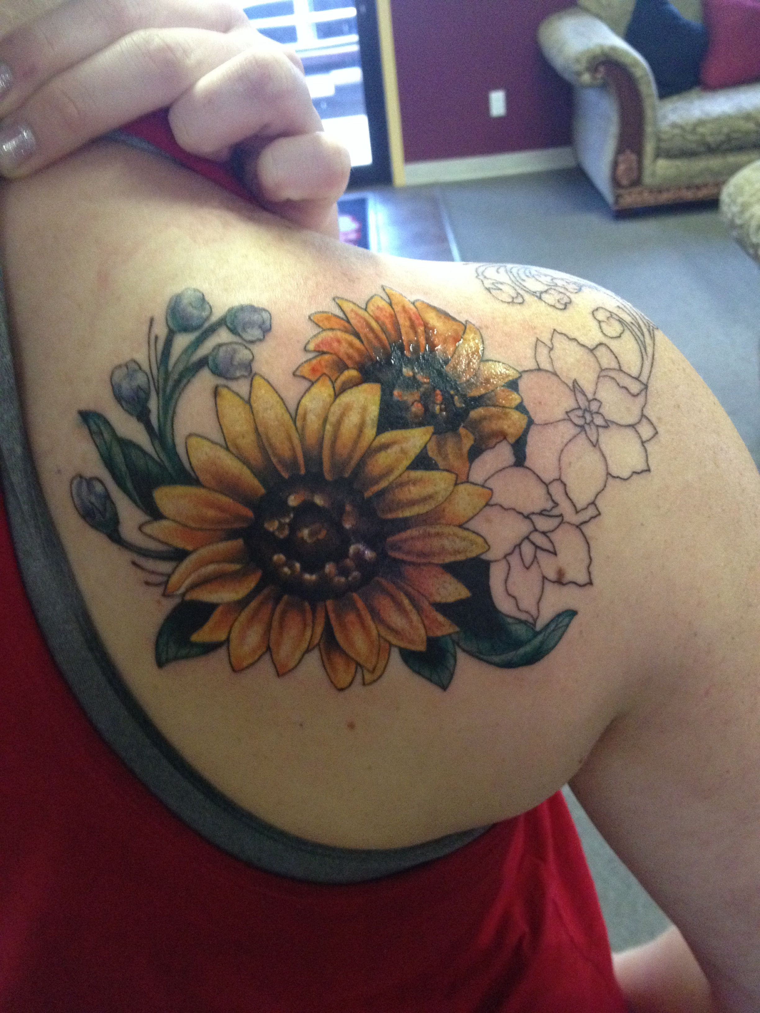 Sunflower Chest Tattoos Sunflowers And Outline Of Larkspurs Done with regard to measurements 2448 X 3264