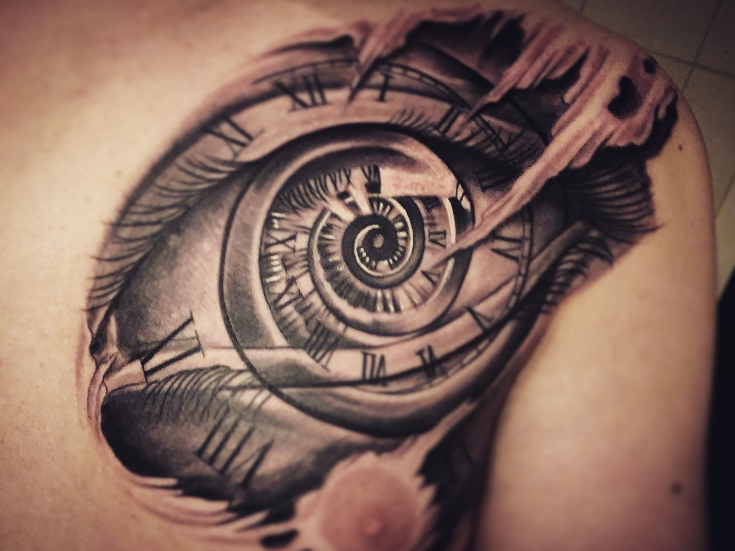 Tattoo Black And Gray Chest Clock Eye Riped Skin Tattoo in proportions 2576 X 1931