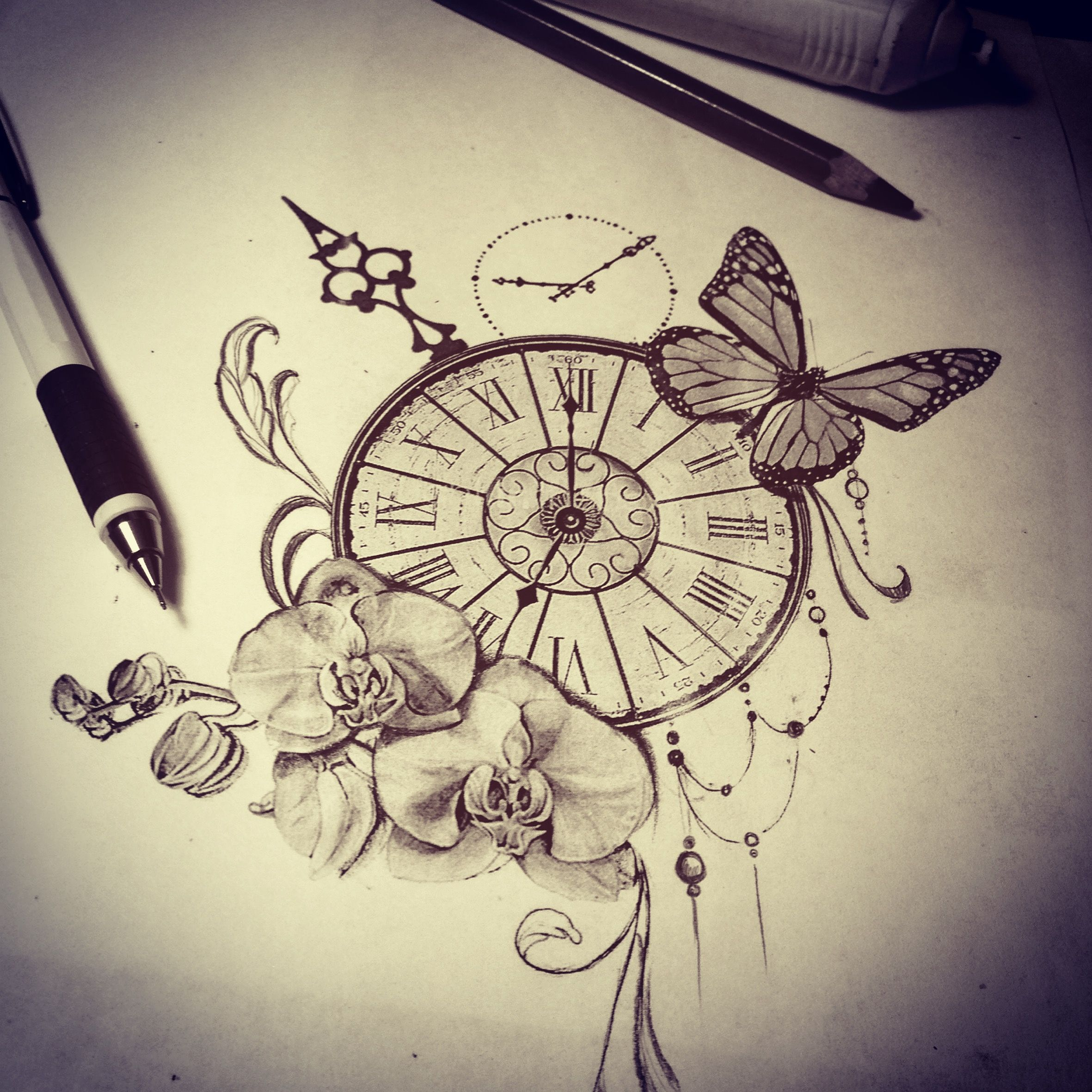 Tattoo Sketch Watch Butterfly Orchid Time Tattoos Tattoos Time in dimensions 2362 X 2362